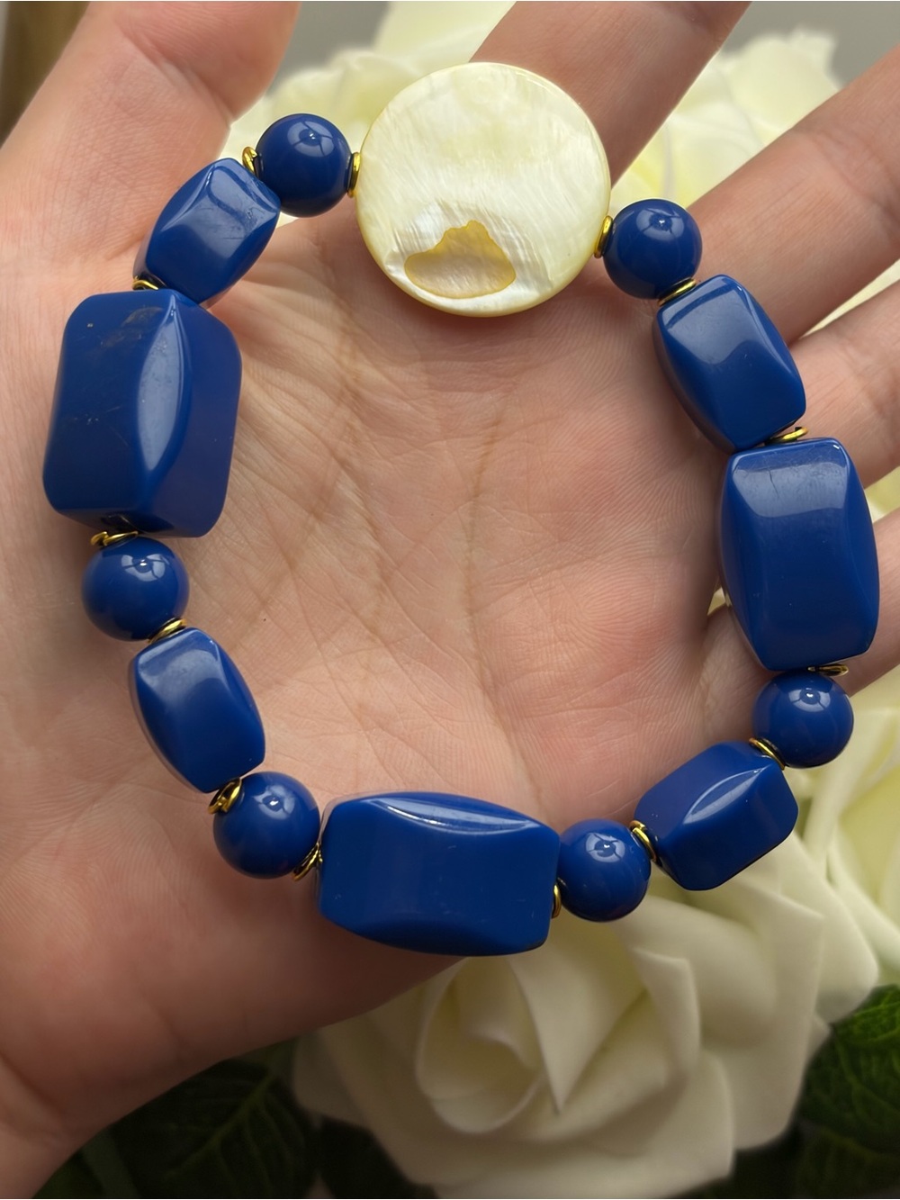 Blue Beaded Stretch Bracelet with Mother-of-Pearl Accent